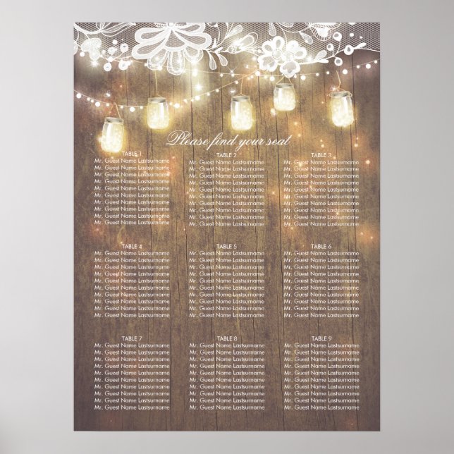 Póster Mason Jar Lights Lace Wood Boda (Frente)