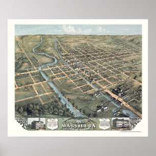 Póster Massillon, OH Mapa Panorámico - 1870