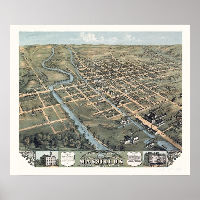 Póster Massillon, OH Mapa Panorámico - 1870 (Frente)
