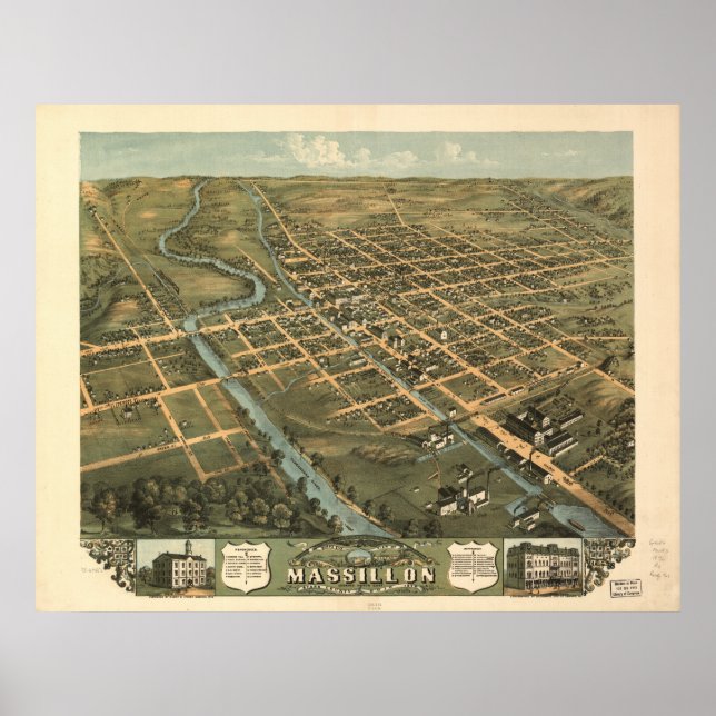 Póster Massillon Ohio 1870 Mapa Panorámico Antiguo (Frente)