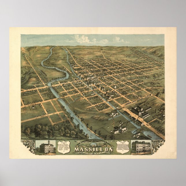 Póster Massillon Ohio 1899 Mapa Panorámico Antiguo (Frente)