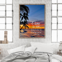 Mateo 11:28 Biblia Verse Palm Trees Sunset