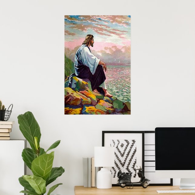 Póster Mateo 14:22-23 Jesús reza solo (Oficina en casa)