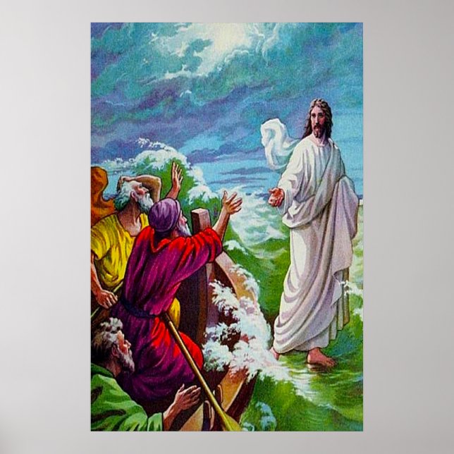 Póster Mateo 14:24-33 Jesús camina por el mar (Frente)