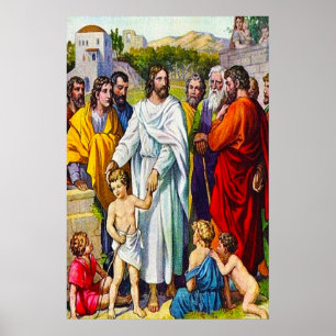 Póster Mateo 19:13-15 Pequeños Niños Vienen a Jesús