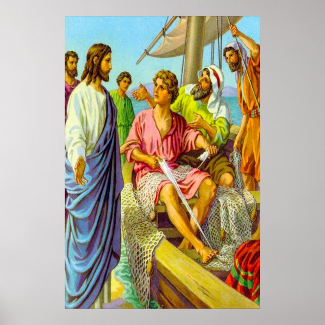 Póster Mateo 4:18-22 Jesús llama a los pescadores a segui (Frente)