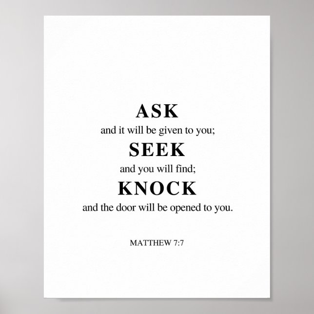 Póster Mateo 7:7 Pregúntenle a Seek Knock (Frente)
