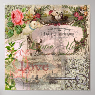 Póster Matrimonio Collage Vintage Wedding Floral