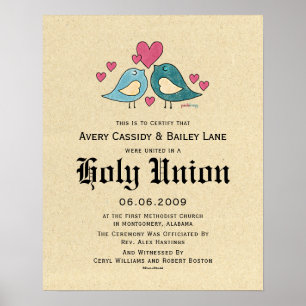 Póster "Matrimonio sagrado" Amor Aves Certificado Boda