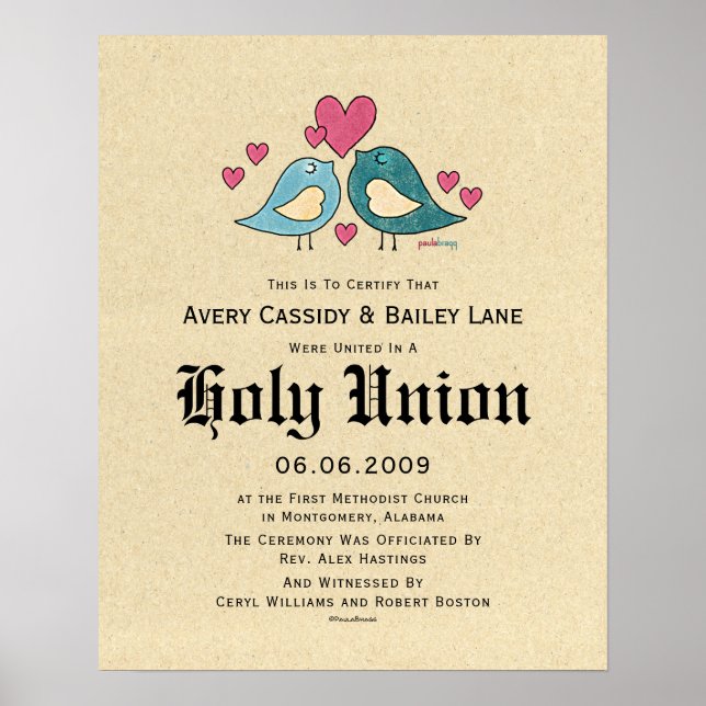 Póster "Matrimonio sagrado" Amor Aves Certificado Boda (Frente)