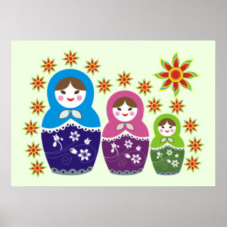 Póster Matryoshka Muñecas rusas y girasoles pálido verde
