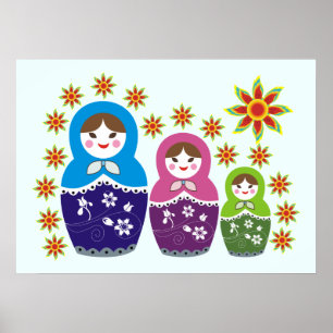 Póster Matryoshka personalizado de muñecas y girasoles ru