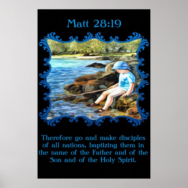 Póster Matt 28:19 Niño pescando en el río. (Frente)