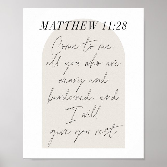 Póster Matthew 11:28 Guión mínimo de Boho Beige Arch (Frente)