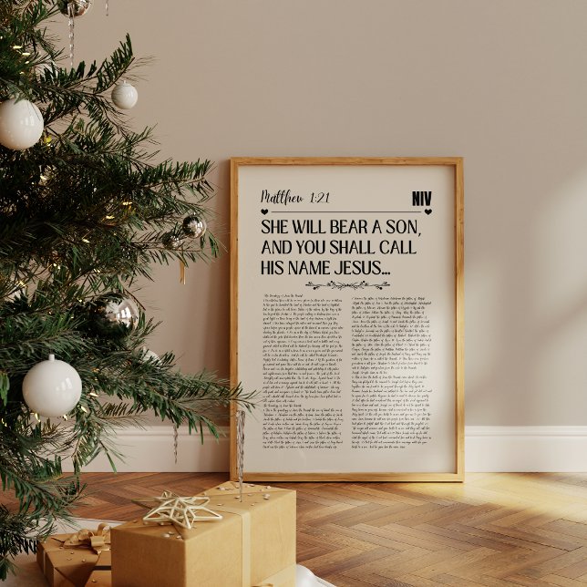Póster Matthew 1:21 Navidades Wall Print (A framed Christian scripture print with text from psalm Matthew 1:21 in bold black on a beige paper.)