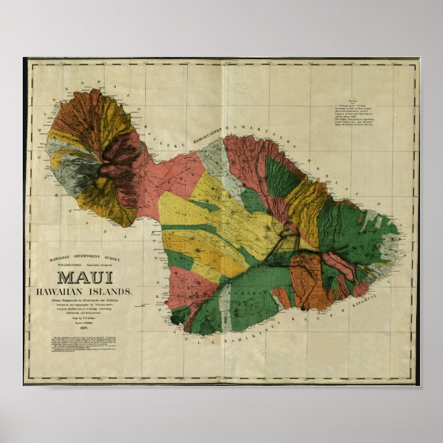 Póster Maui, 1885, Mapa de Hawaii de época (Frente)