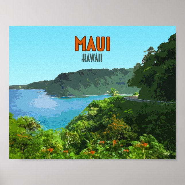 Póster Maui Hawaii Coast Hana Road Vintage (Frente)