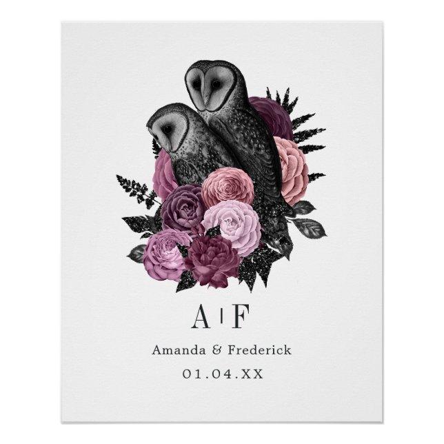 Póster Mauve Floral Glam Gothic Owls Boda (Anverso)