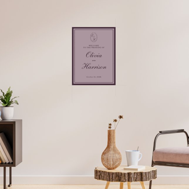Póster Mauve Plum Monogram Wedding Welcome Sign (Salón 3)