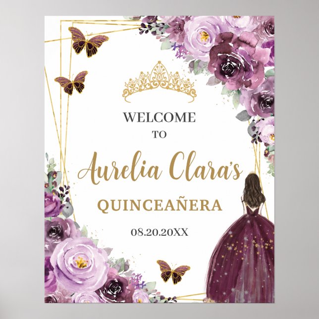 Póster Mauve Plum Morple Floral Princesa Oro Quinceañera (Frente)