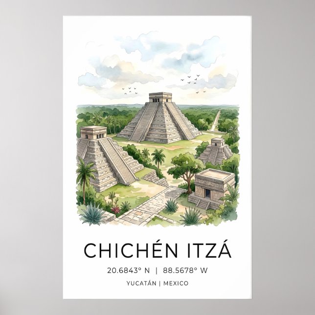 Póster Mayan Travel Art Print, Chichen Itza Pyramid, Palm (Frente)