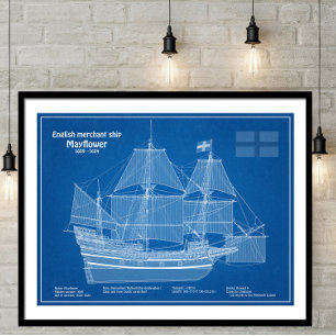 Póster Mayflower - Planes de huella azul de barco ABD