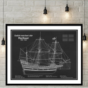 Póster Mayflower - Planes de huella azul de barco PD