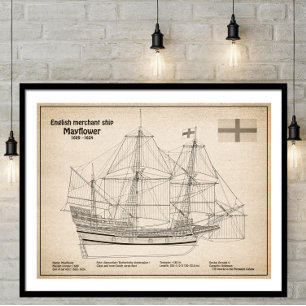 Póster Mayflower - Planes de huella azul de barco SD