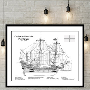 Póster Mayflower - Planes de huella azul para el buque BD