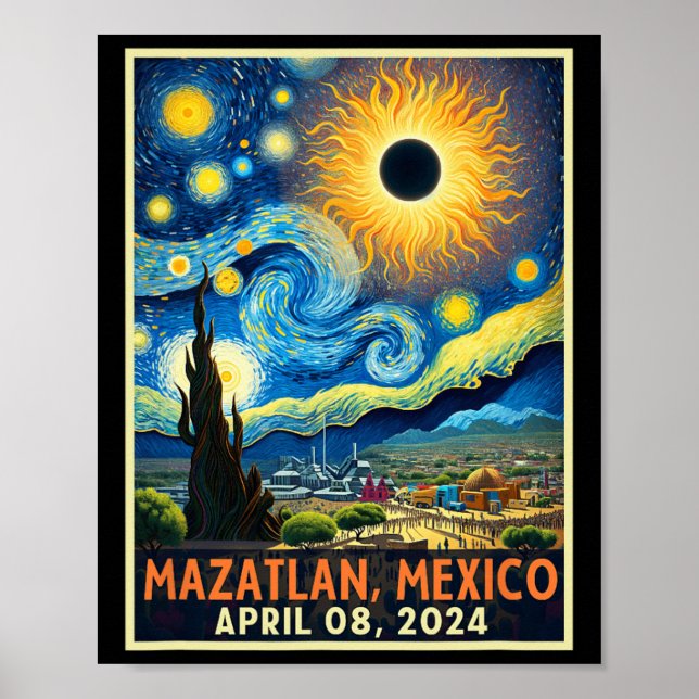 Póster Mazatlán México Eclipse solar total 2024 Starry Ni (Frente)