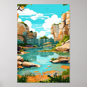 Póster Mckinney Falls ilustracion de viaje vintage estata