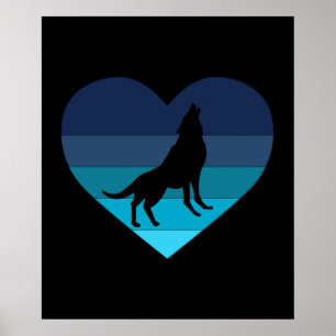 Póster Me encanta aullar a los lobos Retro Corazón