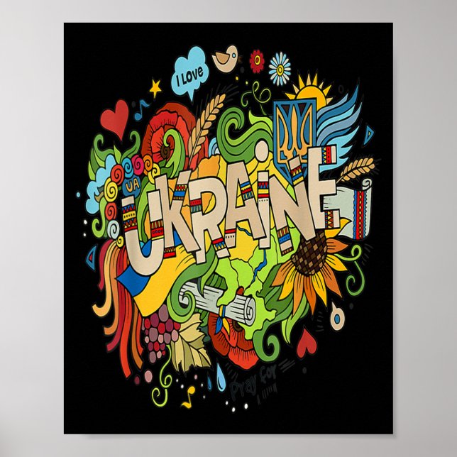 Póster Me encanta el garabato de Ucrania con la bandera u (Frente)