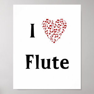 Póster Me encanta la flauta Red Heart of Music Notes