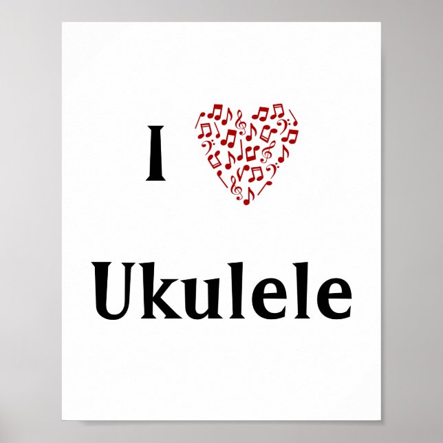 Póster Me encantan las notas del corazón rojo de Ukulele (Frente)