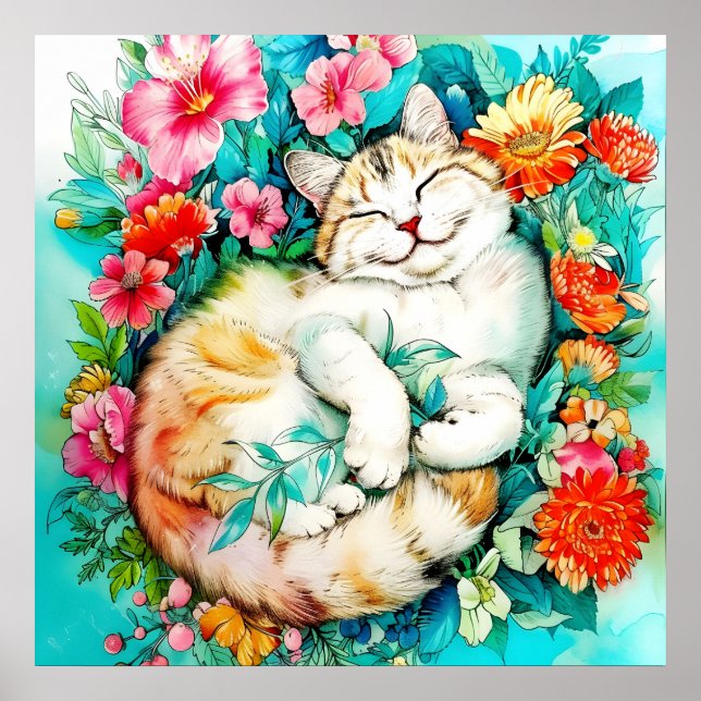 Póster Meadow Blossom Cat Bliss Watercolor (Frente)