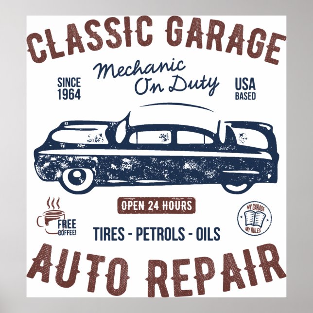Póster Mecánico de Garage de Coches Clásicos de Servicio (Frente)