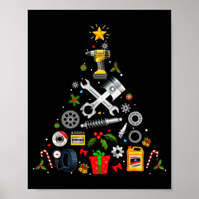 Póster Mechanic Christmas Ornament Tree In Garage Car Mec (Frente)