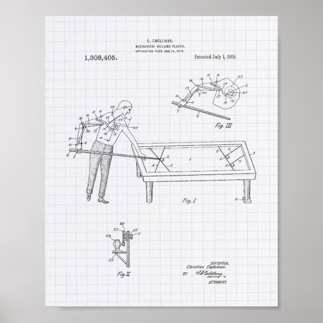 Póster Mechanical Billiard 1919 Patent Art - Lining Peper (Frente)