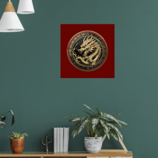 Póster Medallón de Dragón Oriental Sagrado de Oro