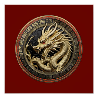 Póster Medallón de Dragón Oriental Sagrado de Oro