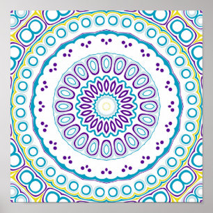 Póster Medallón Kaleidoscópico en morado y azul en blanco
