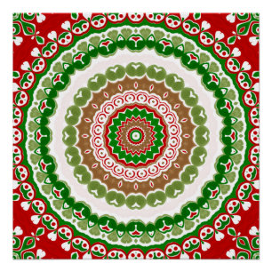 Póster Medallón Mandala para Navidades rojos y verdes