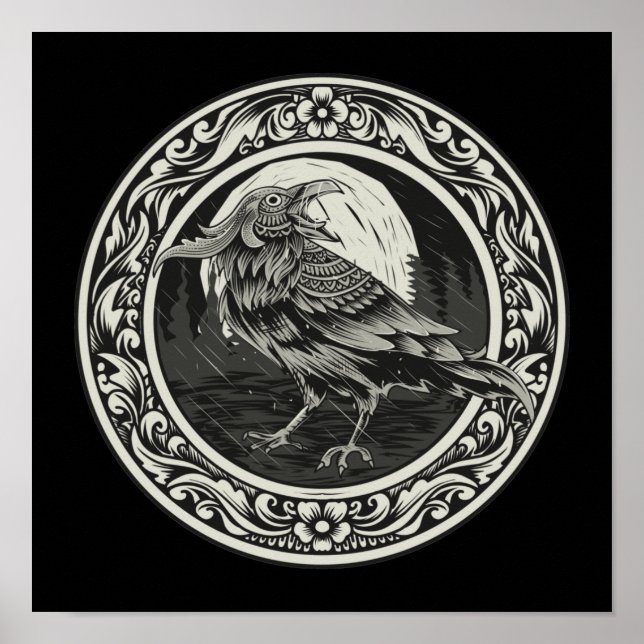 Póster Medallón Raven Carving Art Bird Naturaleza (Frente)