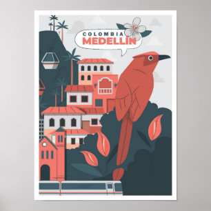 Póster Medellín Colombia Art Vintage Travel Ilustracion