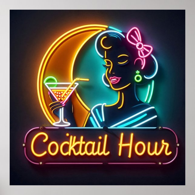 Póster Media Century Neon Rótulo Cocktail Hour Mujer (Frente)