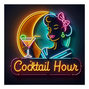 Póster Media Century Neon Rótulo Cocktail Hour Mujer