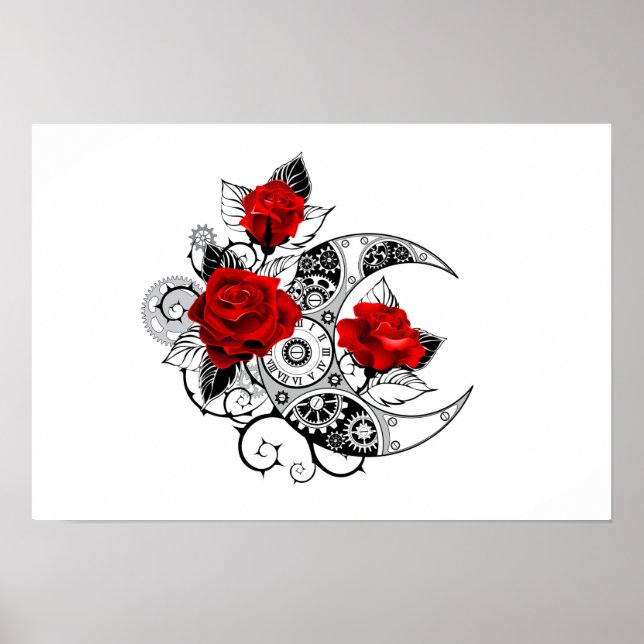 Póster Media luna mecánica con rosas rojas (Frente)