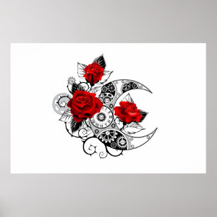 Póster Media luna mecánica con rosas rojas