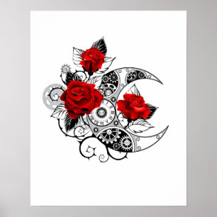 Póster Media luna mecánica con rosas rojas